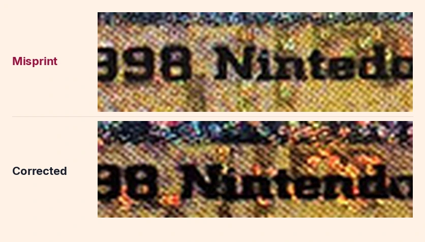 The copyright line of two Ancient Mew cards magnified side by side. The upper reads Nintedo, missing the second n. The lower reads Nintendo in full