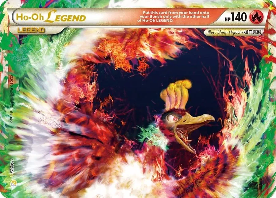 The top half of Ho-Oh LEGEND, showing the bird's head and outstretched wings in flame, with card text saying it may only be played together with the other half