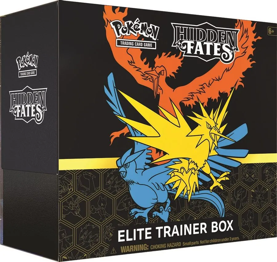 A Hidden Fates Elite Trainer Box showing Articuno, Zapdos and Moltres on a black background