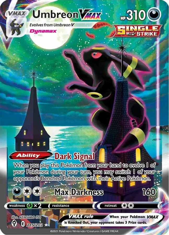 The Umbreon VMAX alternate art from Evolving Skies, showing Umbreon on a rooftop under a full moon