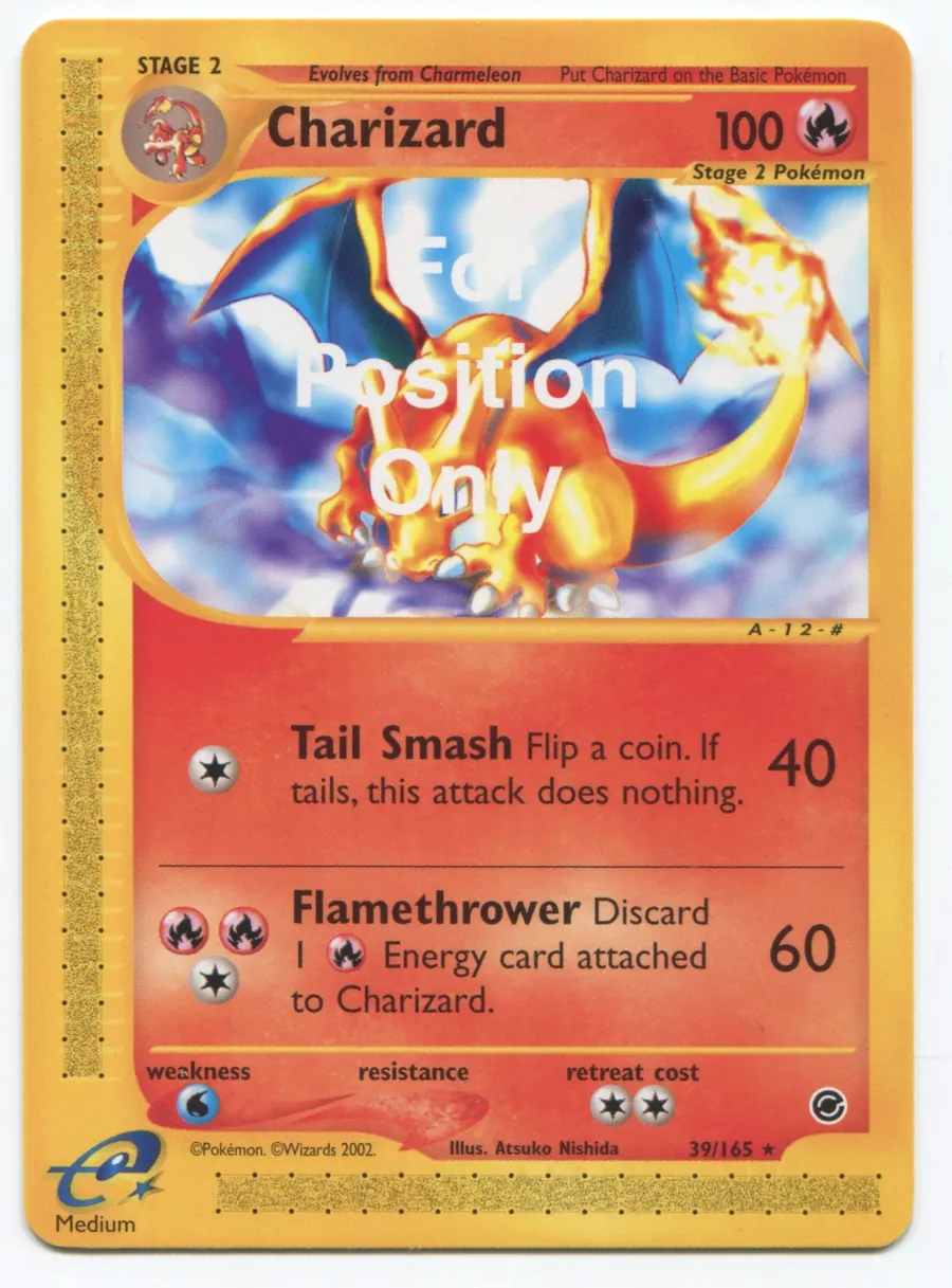 An FPO Charizard from Expedition, with FOR POSITION ONLY overprinted in large white letters across the artwork, the word Medium in the bottom left corner, and 100 printed in the top right where the HP label would normally sit