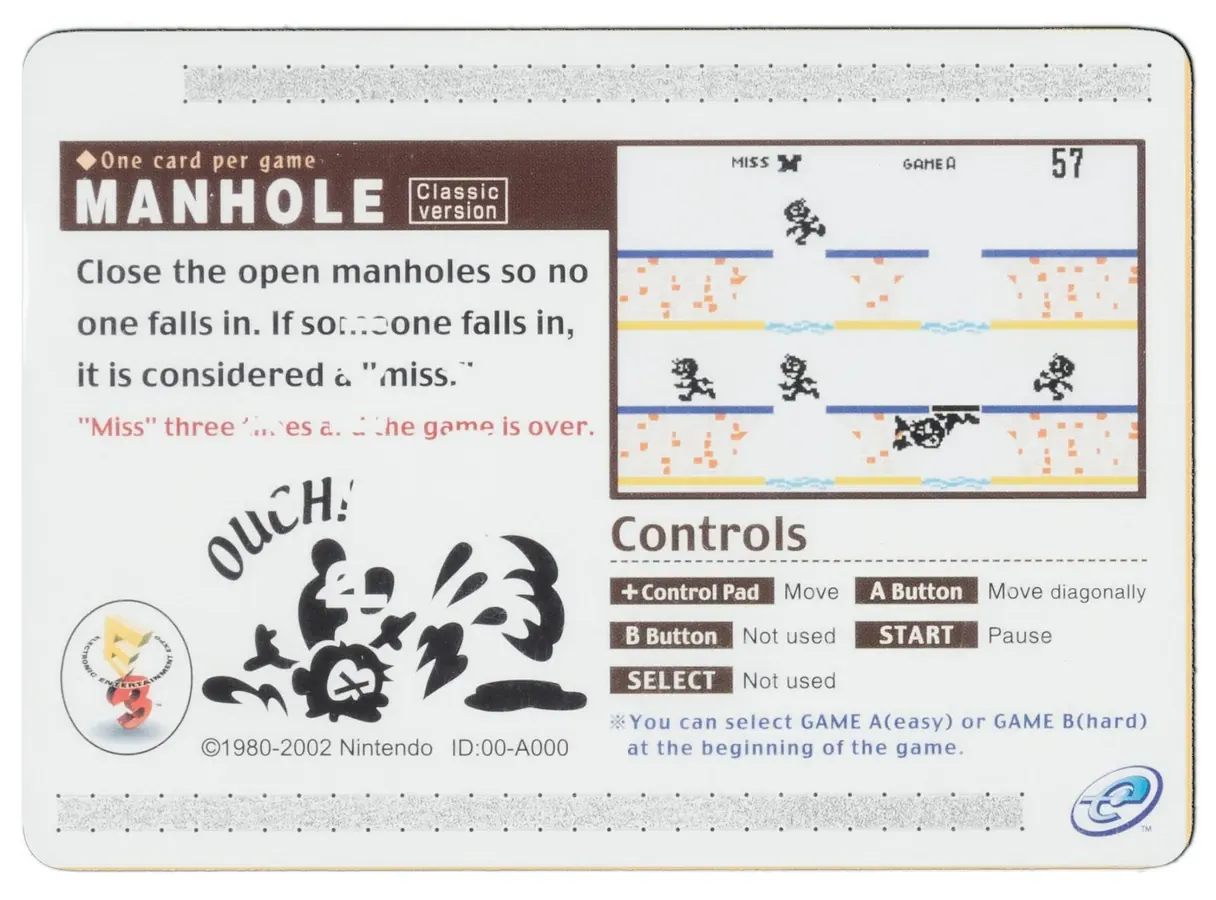 The FPO Manhole e-Reader card, a mostly white Game and Watch card whose faint white FOR POSITION ONLY overprint is only visible where it crosses the darker body text