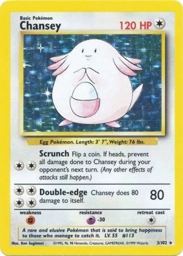 Base Set Chansey. The art box is filled with a starburst foil, thin bright lines radiating from a central point across a dark field