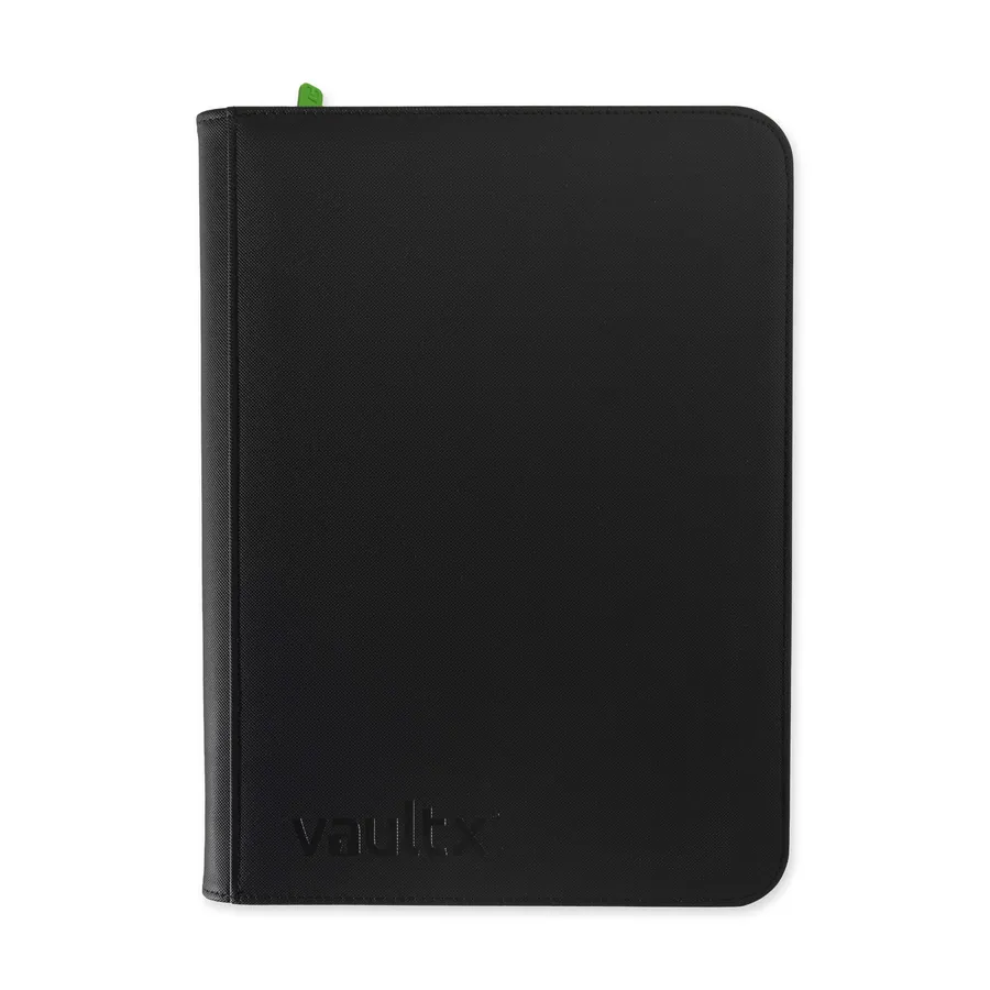 A zip-closing nine-pocket card binder with side-loading pockets