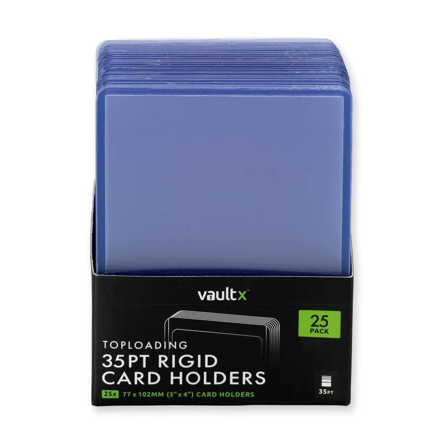 A retail pack of 35pt rigid toploaders, clear plastic card holders