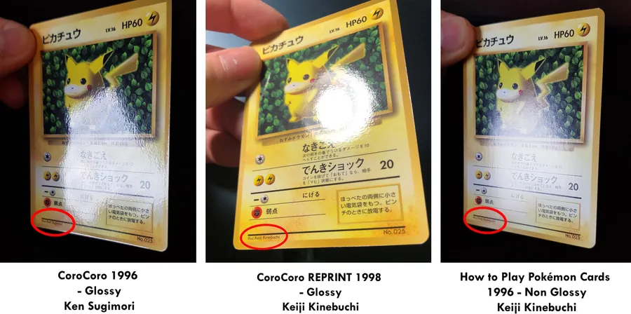 Three Ivy Pikachu variants photographed in hand under a light, with the illustrator credit circled in red on each. The two glossy printings throw a bright reflection; the non-glossy one does not