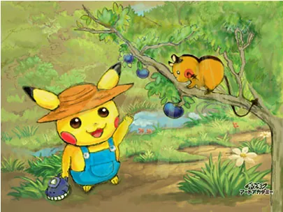 A winning Dress-Up Pikachu entry from the Pokemon Art Academy competition, showing Pikachu in a straw hat and dungarees gathering berries beneath a tree while a Dedenne watches from a branch