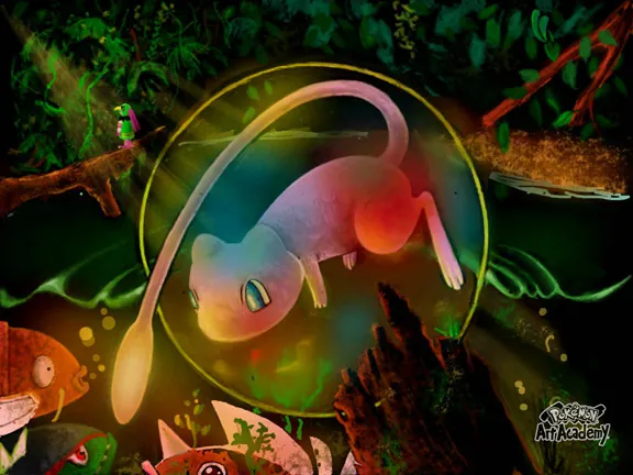 A winning Your Favourite Pokemon entry from the Pokemon Art Academy competition, showing Mew curled inside a glowing sphere in a dark forest, surrounded by other Pokemon in shadow