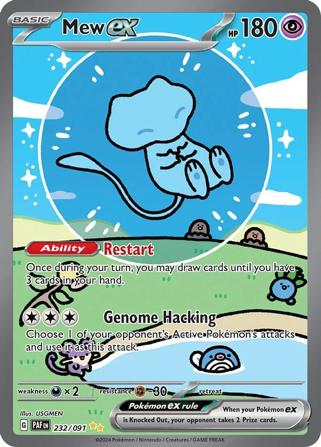 Mew ex from Paldean Fates, showing Mew inside a large bubble over a pastel landscape