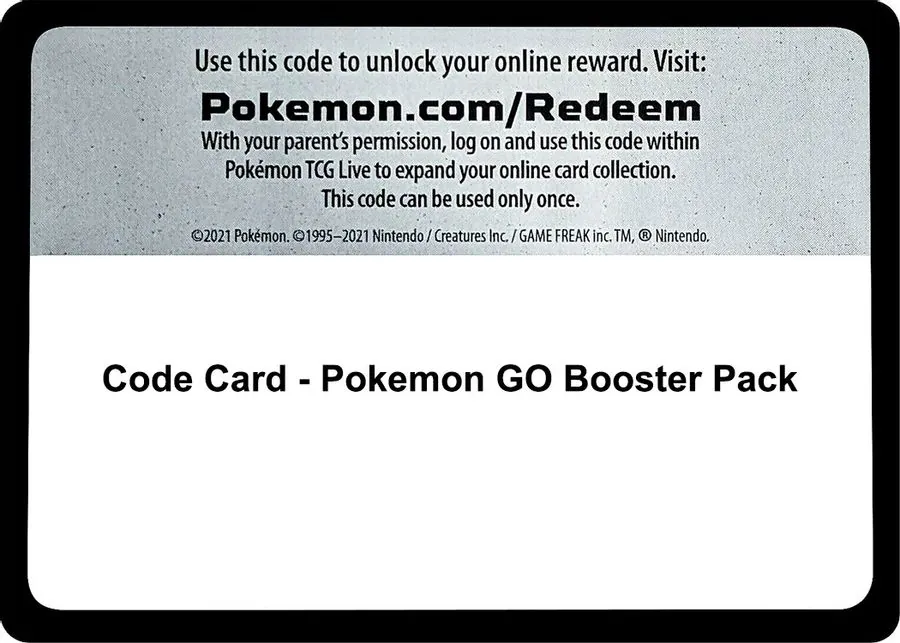 A Pokemon TCG code card. The top half carries redemption instructions pointing at Pokemon.com slash Redeem and states the code works only once, and the lower half names the pack it unlocks