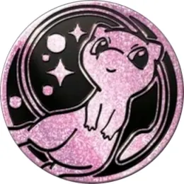 A pink glitter Mew coin from the 151 Ultra Premium Collection, showing Mew curled in profile against a dark field with stars