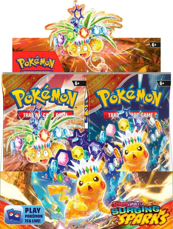 A Surging Sparks booster box, open at the top to show the sealed booster packs inside