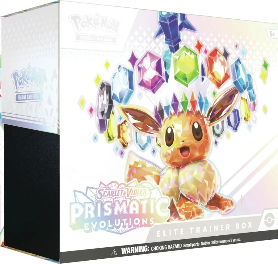 A Prismatic Evolutions Elite Trainer Box, a cube-shaped card box with Eevee on the front