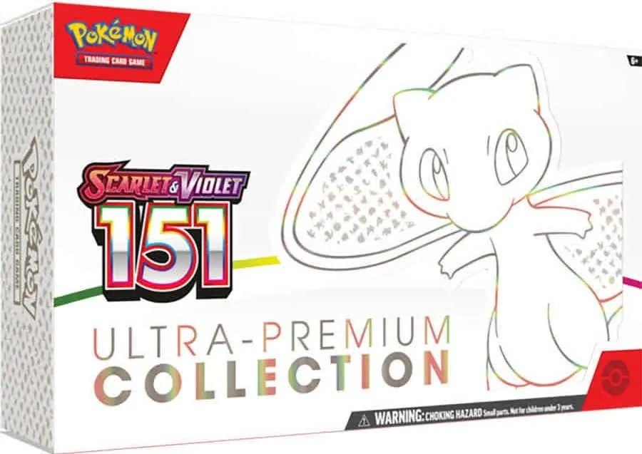 The Scarlet and Violet 151 Ultra Premium Collection box, showing a line drawing of Mew