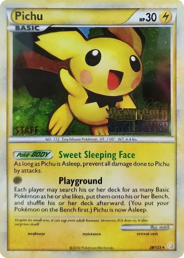 A Pichu promo carrying two separate stamps, a gold HeartGold SoulSilver set stamp across the artwork and the word STAFF printed at the lower left