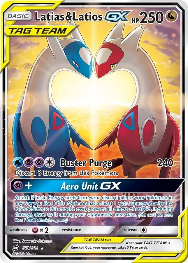 The Latias and Latios GX alternate art from Team Up, the two Pokemon facing each other forming a heart shape